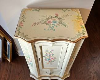 C24 - $35. Painted Storage Cabinet. Measures 16.5" wide x 12" x 27" tall. Top has some discoloration. 