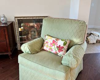 C27 - $150 EACH. 2 Matching Arm Chairs Available! Taylorsville Upholstering Designs. Measures 35" wide x 33" deep x 32" tall. Floor to seat is 19". 