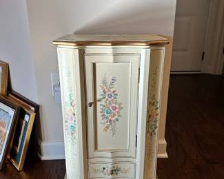 C24 - $35. Painted Storage Cabinet. Measures 16.5" wide x 12" x 27" tall. Top has some discoloration. 