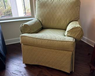 C27 - $150 EACH. 2 Matching Arm Chairs Available! Taylorsville Upholstering Designs. Measures 35" wide x 33" deep x 32" tall. Floor to seat is 19". 