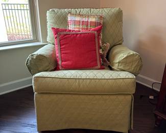 C27 - $150 EACH. 2 Matching Arm Chairs Available! Taylorsville Upholstering Designs. Measures 35" wide x 33" deep x 32" tall. Floor to seat is 19". 