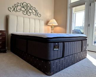 C15 - $225. Queen Size Headboard. NO FRAME. Bed is on the floor with decorative upholstered headboard. Measures 62" wide x 86" long x 63" tall. Clean Mattress & Box Springs Included if you want them. Stearns & Foster Lux Estate Emmie-Rose Collection. 