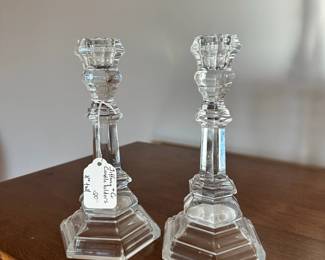 C39 - $20. Pair of Tiffany & Co Crystal Candle Holders. 8" tall. 