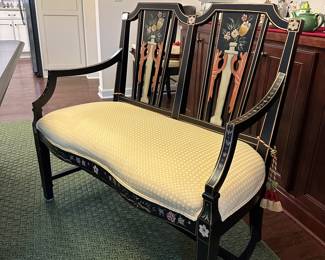 C42 - $350. Black Dining Room Table with 5 Chairs & Bench. With Leaf  in Table measures 62" long x 42" wide x 30" tall. (Leaf if 20") Without leaf table is 42" square.  Very Sturdy! Minor marks on the top from use. 