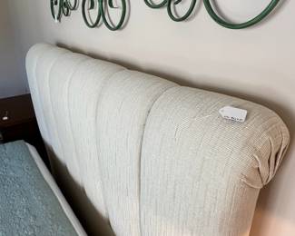 C15 - $225. Queen Size Headboard. NO FRAME. Bed is on the floor with decorative upholstered headboard. Measures 62" wide x 86" long x 63" tall. Clean Mattress & Box Springs Included if you want them. Stearns & Foster Lux Estate Emmie-Rose Collection. 