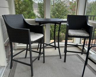 C18 - $125. 3 Pc. Bistro Set. Table is 29" square x 40" tall. Chairs are 21.5" wide x 19.5" deep x 44" tall. Floor to Seat is 29". 