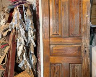 Several vintage doors. Vintage fruit picking ladder , feed sacks
