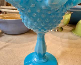 Vintage hobnail ruffled blue and white slag candy dish