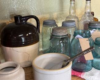 Antique Mason and Bell jars. Some with lids, crocks