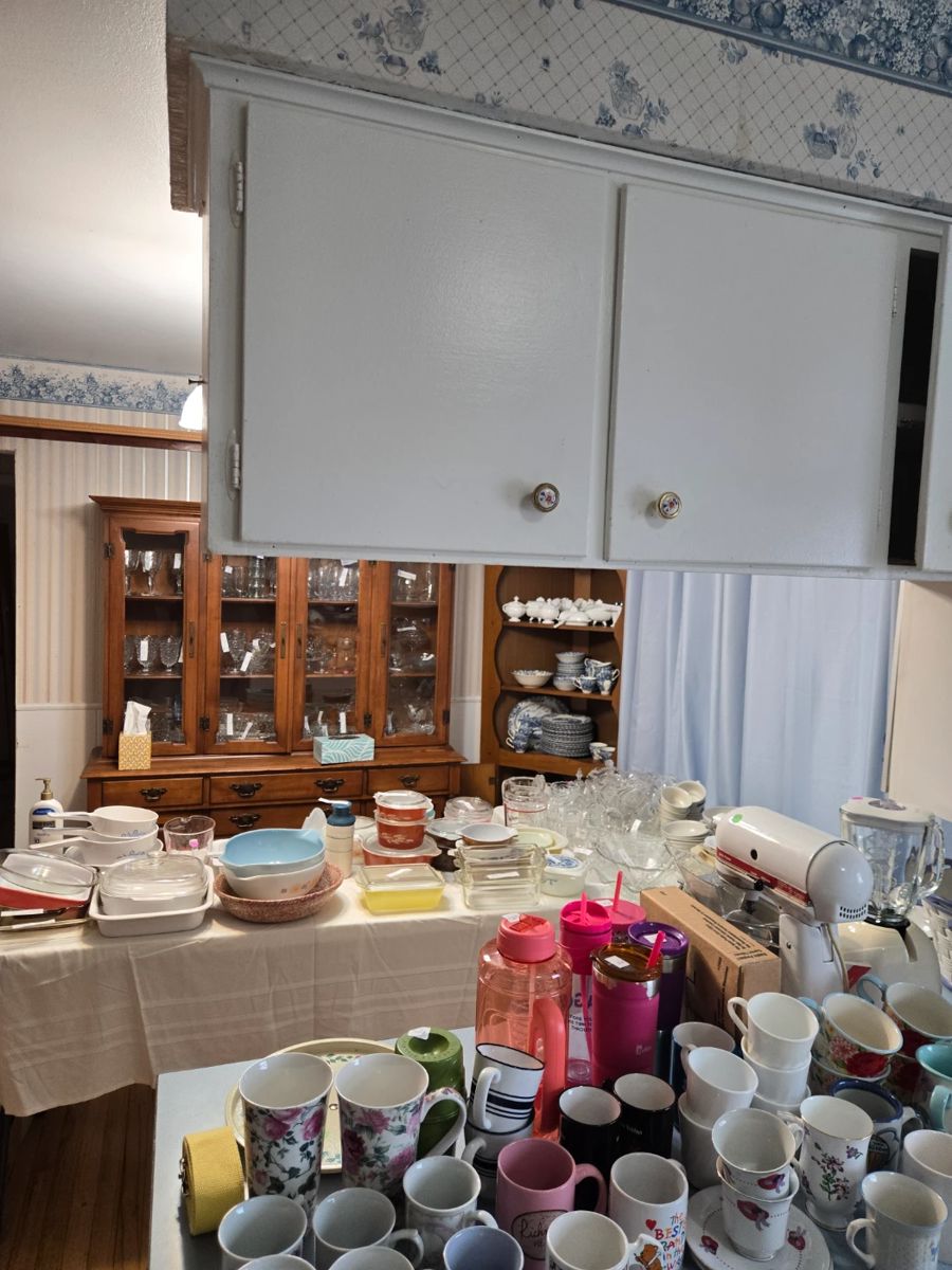 Fenton, Pyrex, Corning ware, Fostoria glass, antique bowls, Johnson Brothers Coaching scenes set, Franciscan Dessert Rose set.