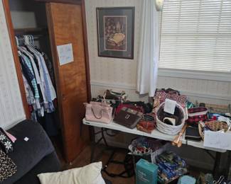 Recliner, dresser, purses, clothes