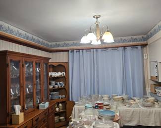 Fenton, Pyrex, Corning ware, Fostoria glass, antique bowls, Johnson Brothers Coaching scenes set, Franciscan Dessert Rose set.