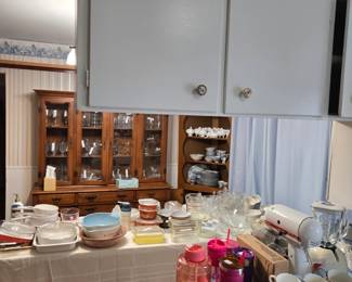 Fenton, Pyrex, Corning ware, Fostoria glass, antique bowls, Johnson Brothers Coaching scenes set, Franciscan Dessert Rose set.