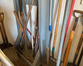 garden tools, rakes shovels
