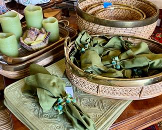 Collection of Napkins and Napkin Rings, Collection of Wicker/Brass Baskets and Trays