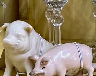 Herend Pig, Belleek Pig, King Arthur Crystal Wine Glasses by Helsey
