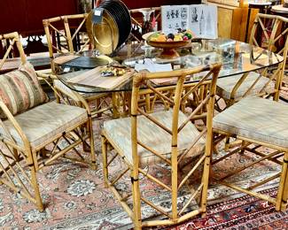 Vintage Rattan Glass Top Dining Table and Chairs 
