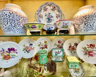 Blue/White Ginger Jars, Vintage Japonica Footed Dish, Set of 6 Bareuther "Floral" Waldsassen Germany Dessert Plates