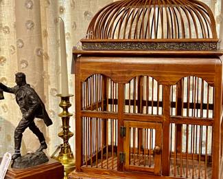 Vintage Wooden Birdcage with Brass Accents 