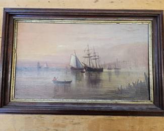 Painting oil on canvas done by William Otis Bemis ,landscape and portrait artist 1819-1883 of Worcester -Spencer Ma. . Sail Boat painting " Marble head "