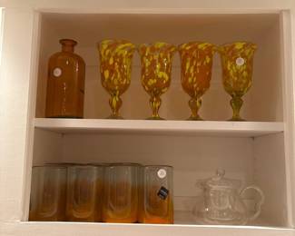 vintage amber art glass water goblets 