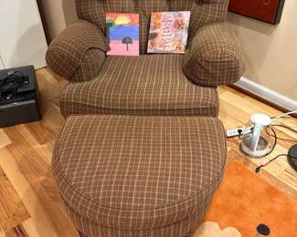 Upholstered Plaid Chair which Half Moon ottoman 
