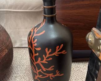 Black Glass Bottle with Coral Motif 