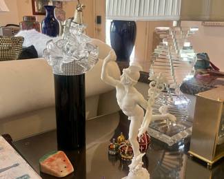 pair lucite lamps, glass flowers, Mercury