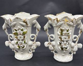 Vintage Pair Gilt Gold & White Porcealin Vases