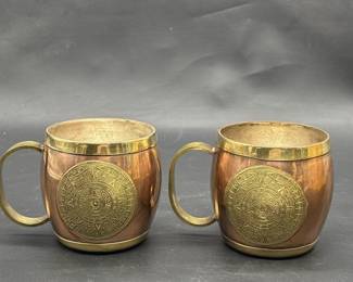 (2) Vintage Mexican Copper & Brass Aztec Mugs
