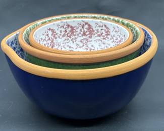 Glazed Pottery Nesting Bowls Blue, Green, Red w/ Speckled Interior Bowl