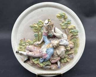 Vintage 3-D Figural Wall Plaque w/ Gallant Scene