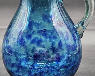 Blown Blue Spotted Glass Pitcher w/ Clear Handle