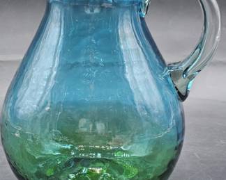 Blown Glass Blue to Green Pitcher w/ Clear Handle