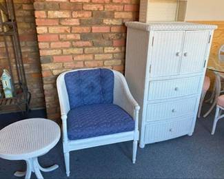 Wicker Chair, table and Cabinet