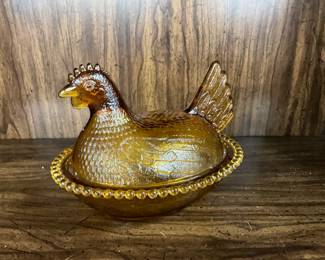 Amber Glass Hen on Nest