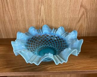 Fenton Blue Opalescent Glass Bubble Lattice Crimped Edge Brides Basket