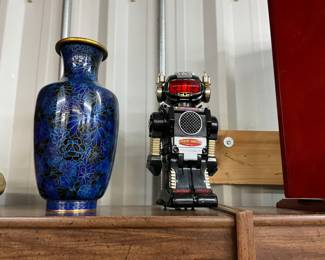 Cobalt Blue Chinese Cloisonne Vase & Magic Mike Robot