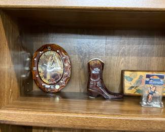 Wood Clock - Ceramic Cowboy Boot Tiki Mug - Lemax Village Bob Cratchet & Tiny Tim Figure