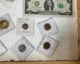 Assorted Collectible Coins & 2 Dollar Bills