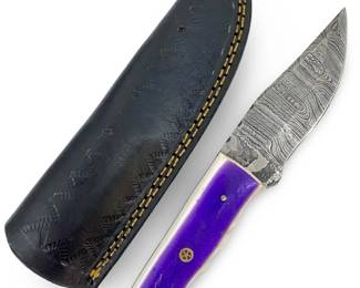 Vintage Damascus Steel Blade Knife and Sheath
