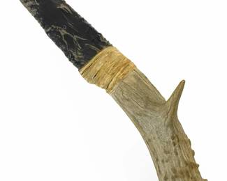 Hand Carved Obsidian Blade & Antler Handle Knife
