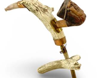 Vintage Carved Bone & Wood Pipe & Stand
