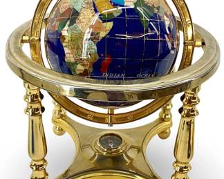Vintage Brass Lapis & Semi Precious Stone Globe
