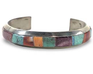 Ed Chicillie Signed ELC Navajo Inlay Cuff Bracelet
