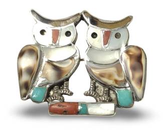 Gorgeous Zuni Multi Stone Inlay Duet Owl Brooch
