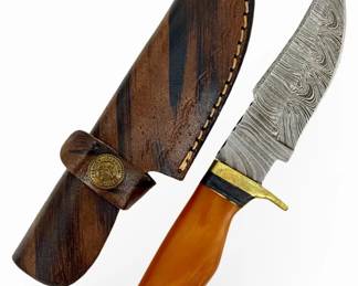 Vintage Damascus Steel Blade Knife and Sheath
