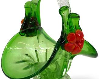 Vintage Murano Style Green Art Glass Basket
