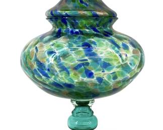 Hand Blown Art Glass Pedestal Lidded Jar
