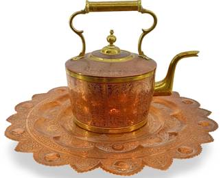 Vintage Etched Brass and Copper Tea Kettle/Tray
